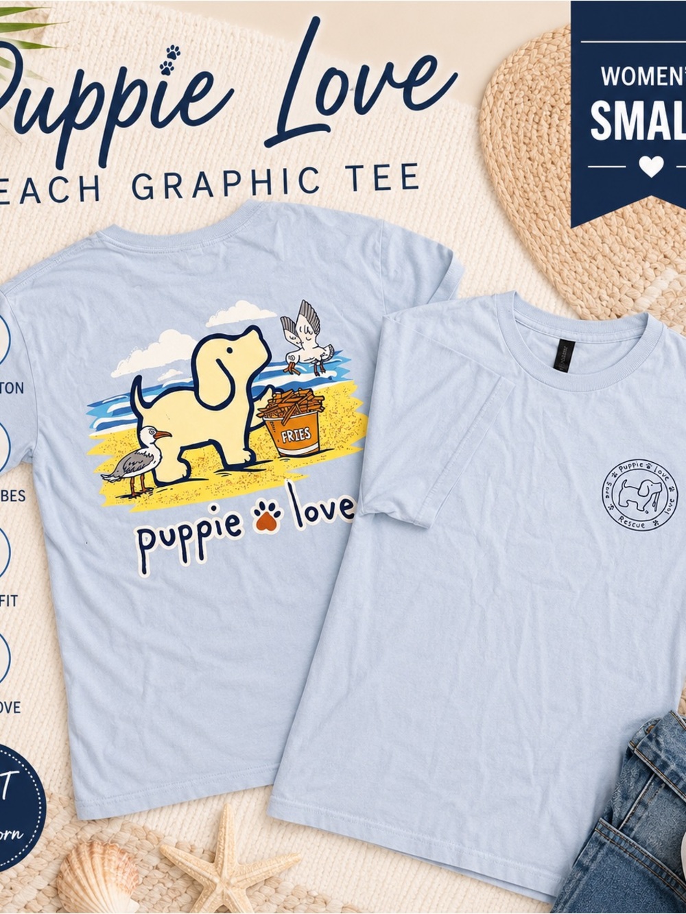 Puppie Love Beach Fries Graphic Tee Women’s Small NWOT Blue